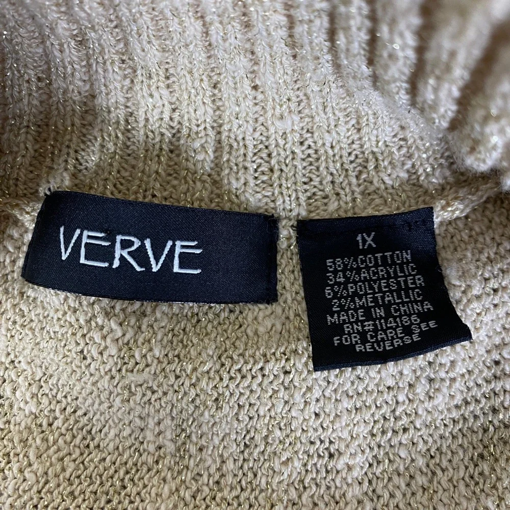 VERVE Cardigan Sweater Women's 1X Beige Metallic Knit Short Sleeve Open Front‎
